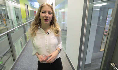 A student talking to the camera on the virtual open day tour