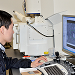 Student in lab assessing results on computer screen